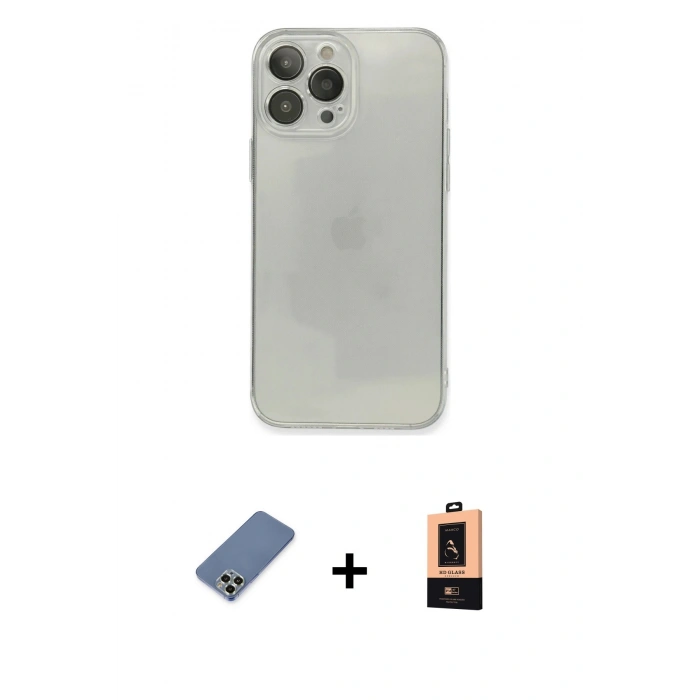 MARSİLYAN™- iPhone 13 Pro Max Kılıf Ahenk Doku - Şeffaf Maxco Cam Ekran Koruyucu + Metal Kamera Lens Koruma Cam - AKYL