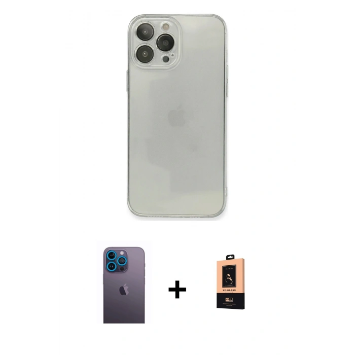 MARSİLYAN™- iPhone 13 Pro Max Kılıf Ahenk Doku - Şeffaf Maxco Cam Ekran Koruyucu + Neon Fosforlu Kamera Lens - MI