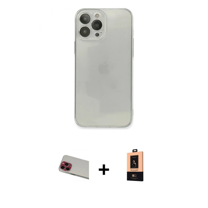 MARSİLYAN™- iPhone 13 Pro Max Kılıf Ahenk Doku - Şeffaf Maxco Cam Ekran Koruyucu + Rainbow Kamera Lens Koruma Cam - KI