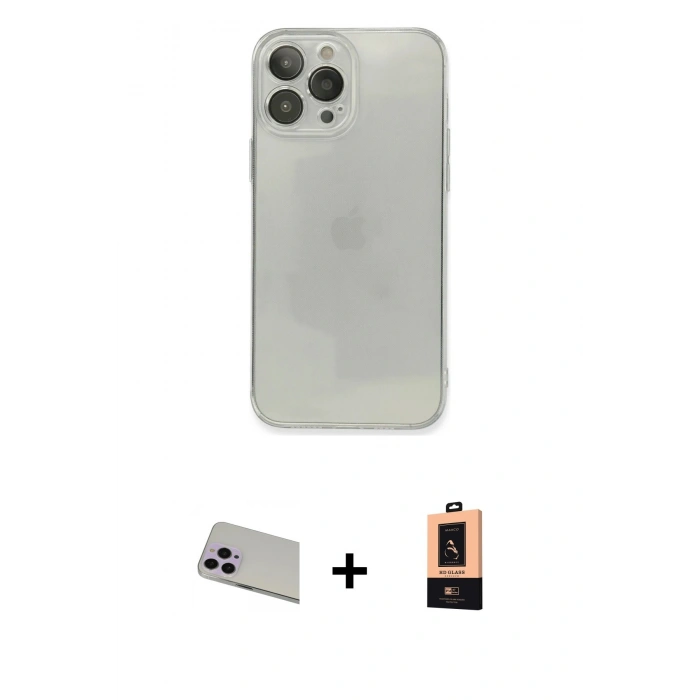 MARSİLYAN™- iPhone 13 Pro Max Kılıf Ahenk Doku - Şeffaf Maxco Cam Ekran Koruyucu + Rainbow Kamera Lens Koruma Cam - MR