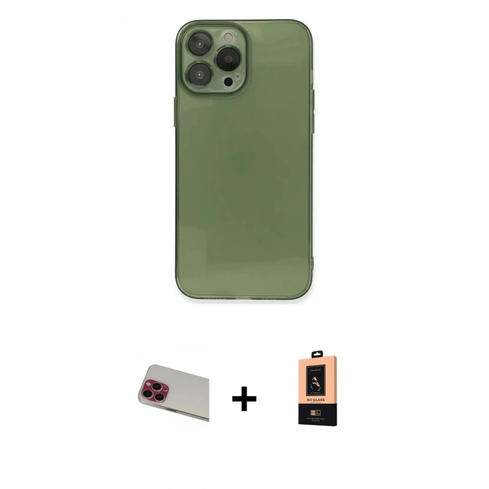 MARSİLYAN™- iPhone 13 Pro Max Kılıf Ahenk Doku - Şeffaf Maxco Cam Ekran Koruyucu + Rainbow Kamera Lens Koruma Cam - KI