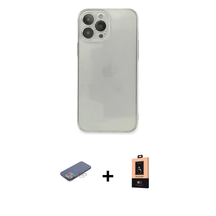 MARSİLYAN™- iPhone 13 Pro Max Kılıf Ahenk Doku - Şeffaf Maxco Cam Ekran Koruyucu + Renkli Kamera Lens Koruma Cam - MI