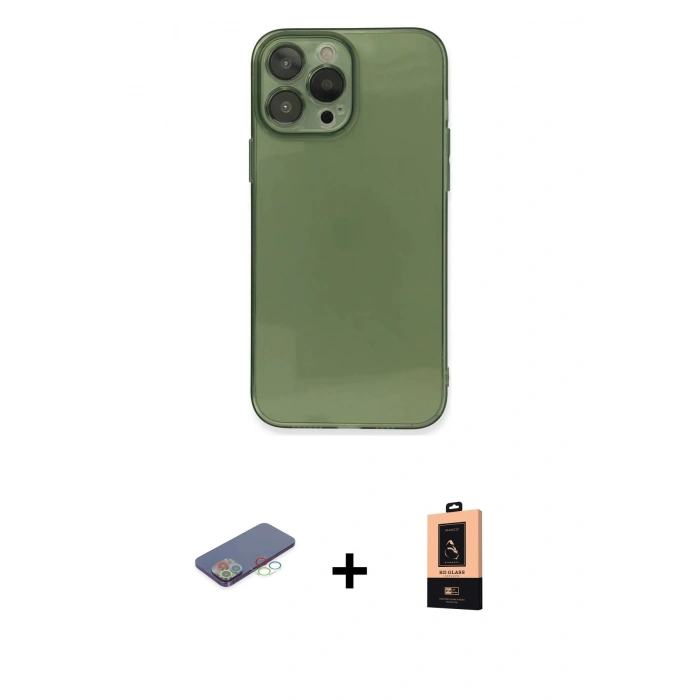 MARSİLYAN™- iPhone 13 Pro Max Kılıf Ahenk Doku - Şeffaf Maxco Cam Ekran Koruyucu + Renkli Kamera Lens Koruma Cam - MI