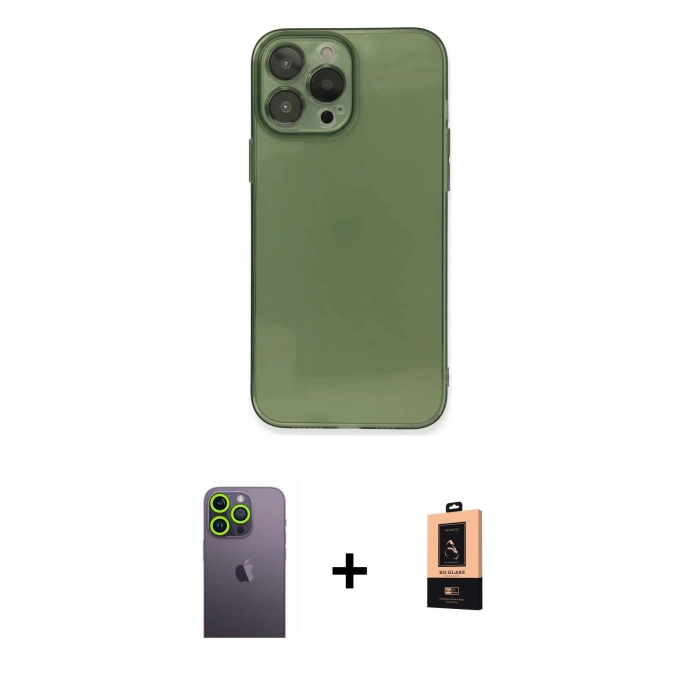 MARSİLYAN™- iPhone 13 Pro Max Kılıf Ahenk Doku - Şeffaf Maxco Cam Ekran Koruyucu + Neon Fosforlu Kamera Lens - YL