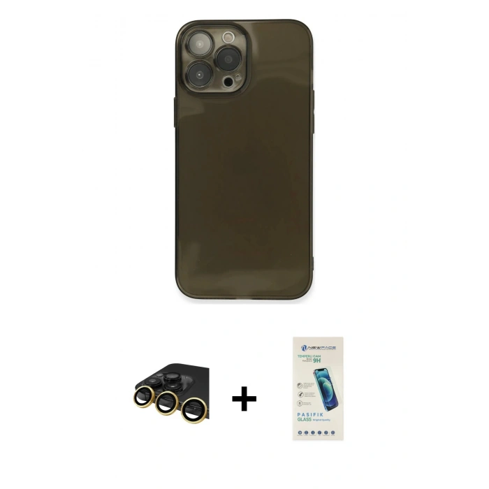 MARSİLYAN™- iPhone 13 Pro Max Kılıf Ahenk Doku - Şeffaf Pasifik Cam Ekran Koruyucu + Raze Metal Kamera Lens - GD