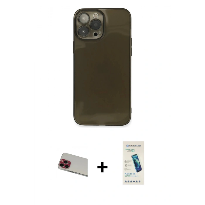 MARSİLYAN™- iPhone 13 Pro Max Kılıf Ahenk Doku - Şeffaf Pasifik Cam Ekran Koruyucu + Kırmızı Rainbow Kamera Lens Koruma Cam