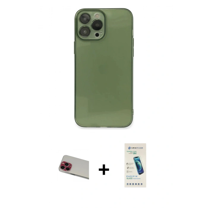 MARSİLYAN™- iPhone 13 Pro Max Kılıf Ahenk Doku - Şeffaf Pasifik Cam Ekran Koruyucu + Kırmızı Rainbow Kamera Lens Koruma Cam