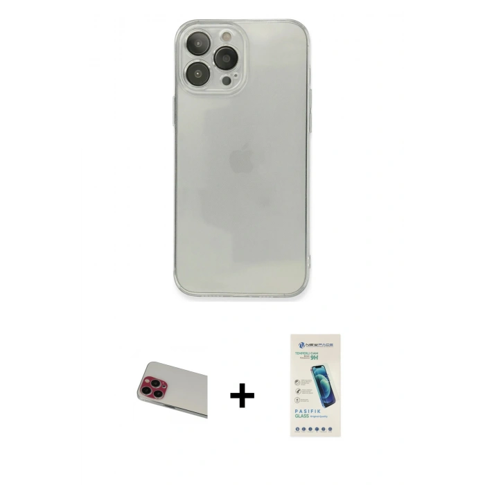 MARSİLYAN™- iPhone 13 Pro Max Kılıf Ahenk Doku - Şeffaf Pasifik Cam Ekran Koruyucu + Kırmızı Rainbow Kamera Lens Koruma Cam