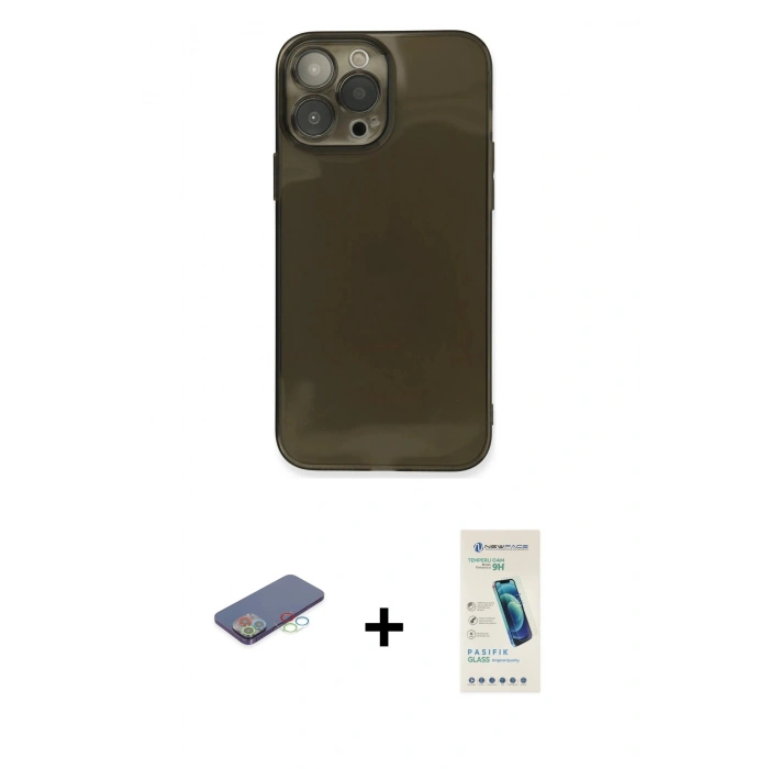 MARSİLYAN™- iPhone 13 Pro Max Kılıf Ahenk Doku - Şeffaf Pasifik Cam Ekran Koruyucu + Mavi Renkli Kamera Lens Koruma Cam