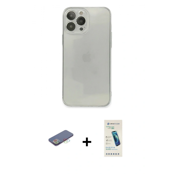 MARSİLYAN™- iPhone 13 Pro Max Kılıf Ahenk Doku - Şeffaf Pasifik Cam Ekran Koruyucu + Mavi Renkli Kamera Lens Koruma Cam