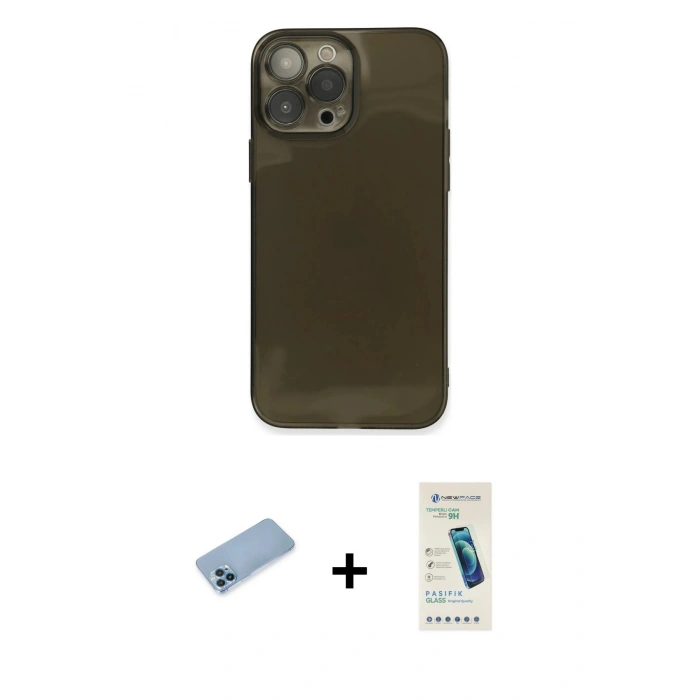 MARSİLYAN™- iPhone 13 Pro Max Kılıf Ahenk Doku - Şeffaf Pasifik Cam Ekran Koruyucu + Shine Kamera Lens Koruma Cam - MI