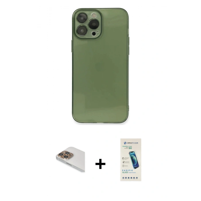 MARSİLYAN™- iPhone 13 Pro Max Kılıf Ahenk Doku - Şeffaf Pasifik Cam Ekran Koruyucu + Pers Alüminyum Kamera Lens - GD