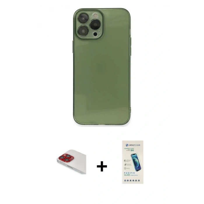 MARSİLYAN™- iPhone 13 Pro Max Kılıf Ahenk Doku - Şeffaf Pasifik Cam Ekran Koruyucu + Pers Alüminyum Kamera Lens - KI