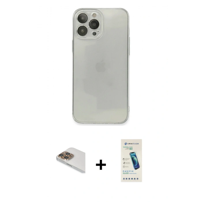 MARSİLYAN™- iPhone 13 Pro Max Kılıf Ahenk Doku - Şeffaf Pasifik Cam Ekran Koruyucu + Pers Alüminyum Kamera Lens - GD