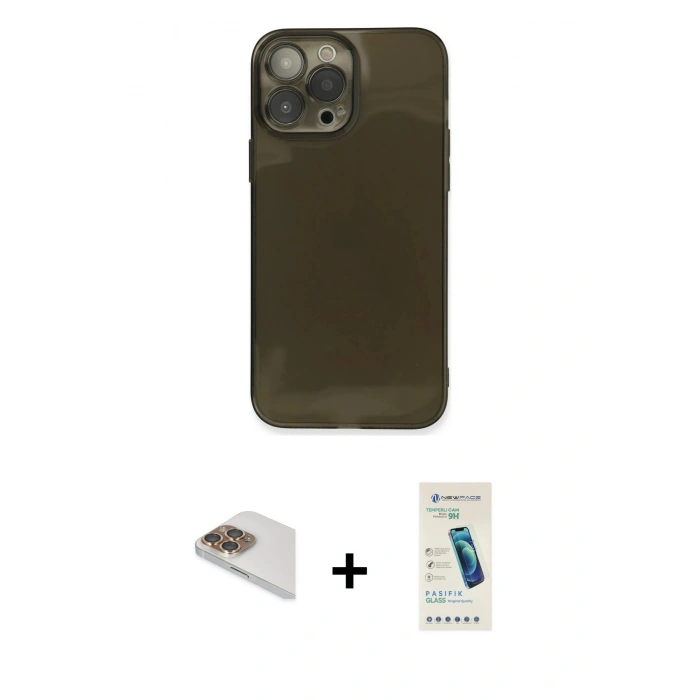 MARSİLYAN™- iPhone 13 Pro Max Kılıf Ahenk Doku - Şeffaf Pasifik Cam Ekran Koruyucu + Pers Alüminyum Kamera Lens - GD