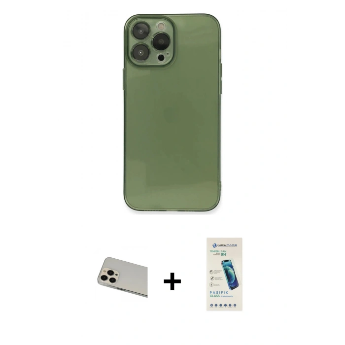 MARSİLYAN™- iPhone 13 Pro Max Kılıf Ahenk Doku - Şeffaf Pasifik Cam Ekran Koruyucu + Rainbow Kamera Lens Koruma Cam - REGD