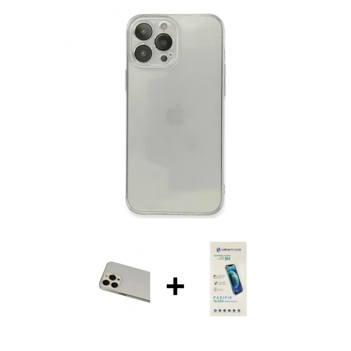 MARSİLYAN™- iPhone 13 Pro Max Kılıf Ahenk Doku - Şeffaf Pasifik Cam Ekran Koruyucu + Rainbow Kamera Lens Koruma Cam - REGD