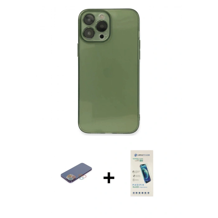 MARSİLYAN™- iPhone 13 Pro Max Kılıf Ahenk Doku - Şeffaf Pasifik Cam Ekran Koruyucu + Renkli Kamera Lens Koruma Cam - PE