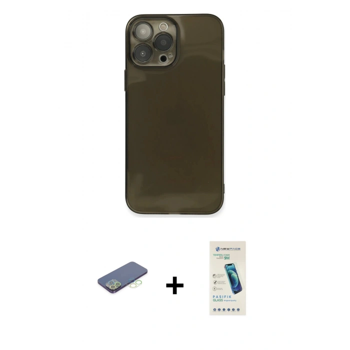 MARSİLYAN™- iPhone 13 Pro Max Kılıf Ahenk Doku - Şeffaf Pasifik Cam Ekran Koruyucu + Renkli Kamera Lens Koruma Cam - YL