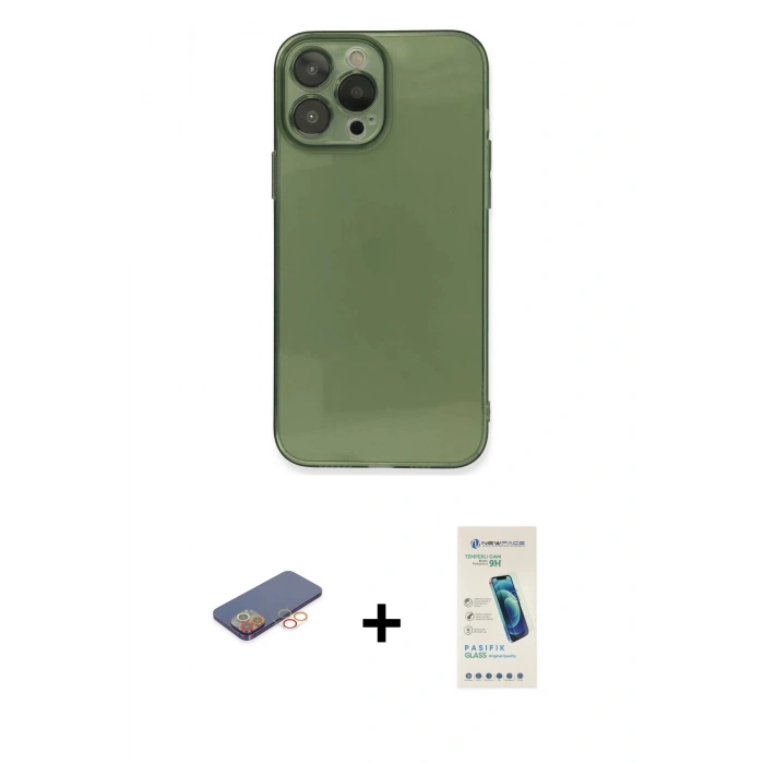 MARSİLYAN™- iPhone 13 Pro Max Kılıf Ahenk Doku - Şeffaf Pasifik Cam Ekran Koruyucu + Renkli Kamera Lens Koruma Cam - TU