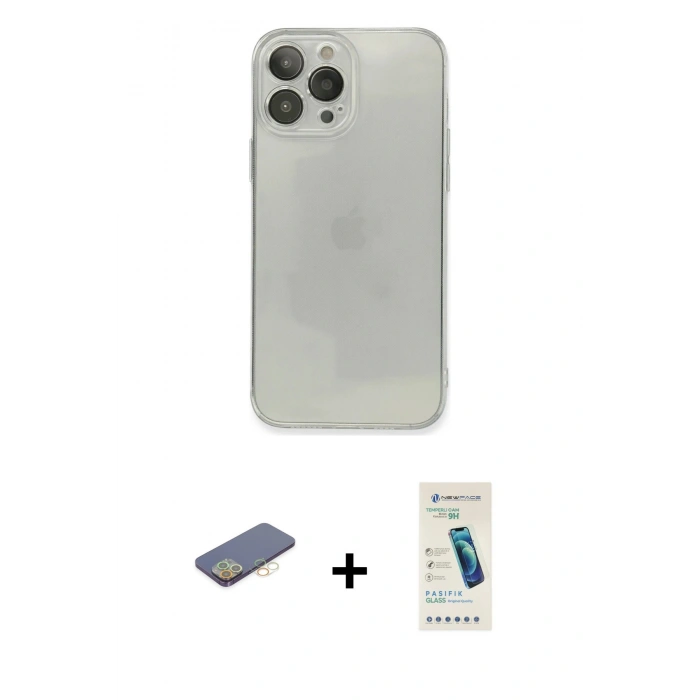 MARSİLYAN™- iPhone 13 Pro Max Kılıf Ahenk Doku - Şeffaf Pasifik Cam Ekran Koruyucu + Renkli Kamera Lens Koruma Cam - SI