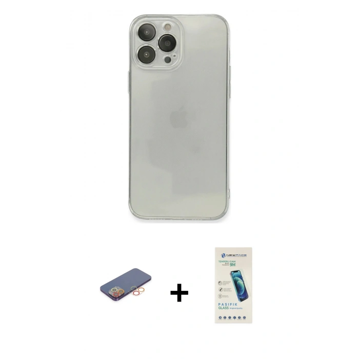 MARSİLYAN™- iPhone 13 Pro Max Kılıf Ahenk Doku - Şeffaf Pasifik Cam Ekran Koruyucu + Renkli Kamera Lens Koruma Cam - TU