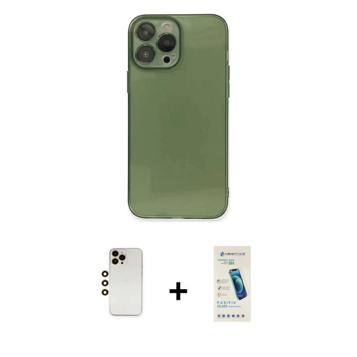 MARSİLYAN™- iPhone 13 Pro Max Kılıf Ahenk Doku - Şeffaf Pasifik Cam Ekran Koruyucu + Shine Kamera Lens - GD