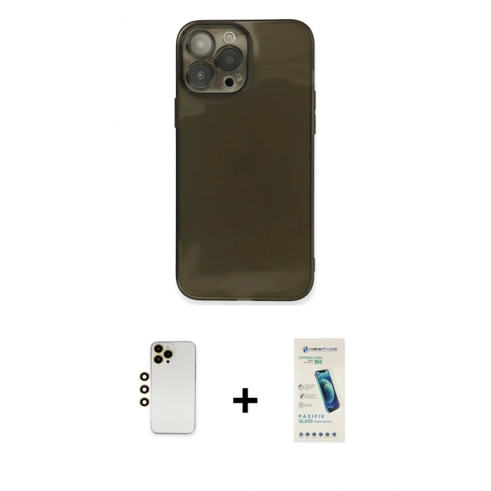 MARSİLYAN™- iPhone 13 Pro Max Kılıf Ahenk Doku - Şeffaf Pasifik Cam Ekran Koruyucu + Shine Kamera Lens - GD