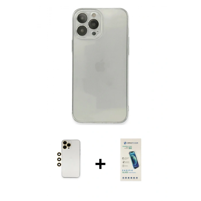 MARSİLYAN™- iPhone 13 Pro Max Kılıf Ahenk Doku - Şeffaf Pasifik Cam Ekran Koruyucu + Shine Kamera Lens - GD