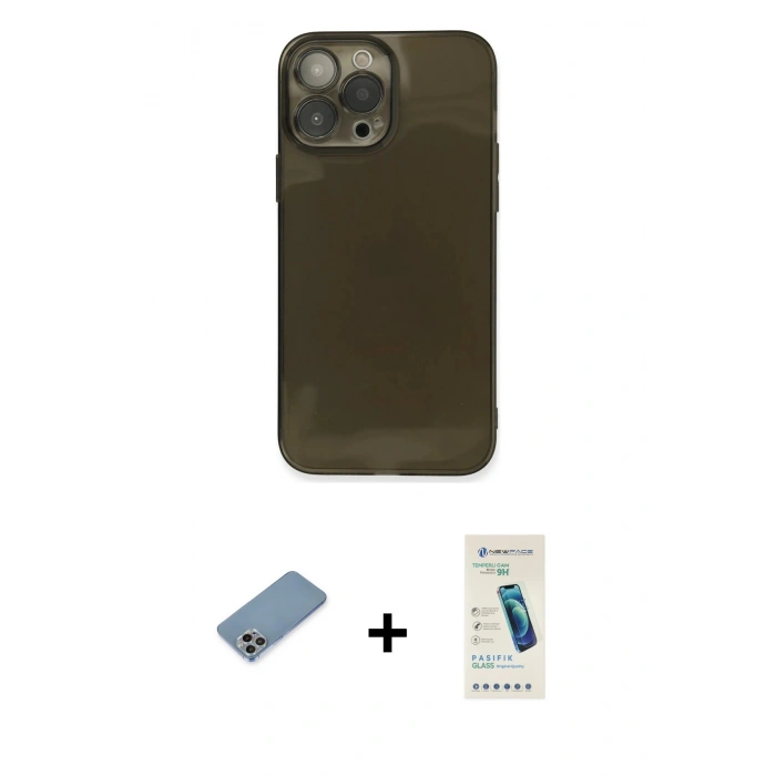 MARSİLYAN™- iPhone 13 Pro Max Kılıf Ahenk Doku - Şeffaf Pasifik Cam Ekran Koruyucu + Shine Kamera Lens Koruma Cam - GI