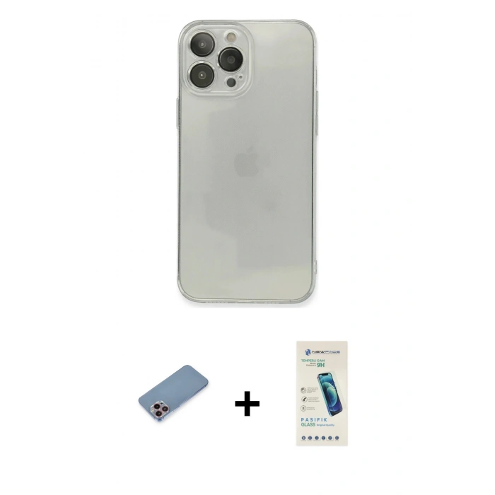 MARSİLYAN™- iPhone 13 Pro Max Kılıf Ahenk Doku - Şeffaf Pasifik Cam Ekran Koruyucu + Shine Kamera Lens Koruma Cam - PE