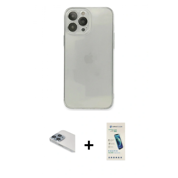 MARSİLYAN™- iPhone 13 Pro Max Kılıf Ahenk Doku - Şeffaf Pasifik Cam Ekran Koruyucu + Pers Alüminyum Kamera Lens - SABE