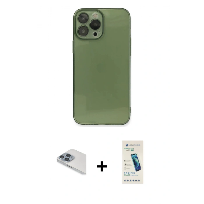 MARSİLYAN™- iPhone 13 Pro Max Kılıf Ahenk Doku - Şeffaf Pasifik Cam Ekran Koruyucu + Pers Alüminyum Kamera Lens - SABE