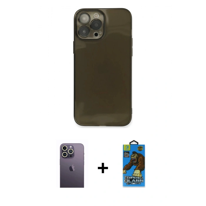 MARSİLYAN™- iPhone 13 Pro Max Kılıf Ahenk Doku - Siyah 18D Cam Ekran Koruyucu + Neon Fosforlu Kamera Lens - BZ