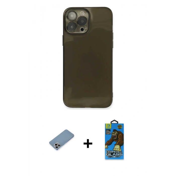 MARSİLYAN™- iPhone 13 Pro Max Kılıf Ahenk Doku - Siyah 18D Cam Ekran Koruyucu + Shine Kamera Lens Koruma Cam - GI