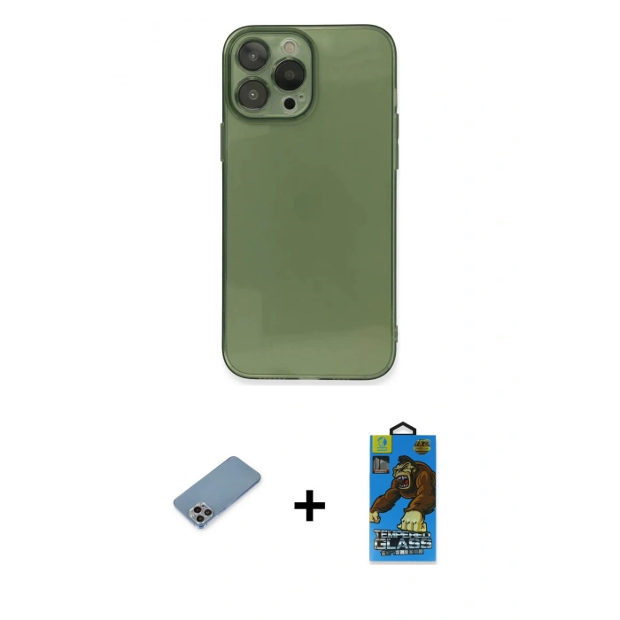 MARSİLYAN™- iPhone 13 Pro Max Kılıf Ahenk Doku - Siyah 18D Cam Ekran Koruyucu + Shine Kamera Lens Koruma Cam - GI