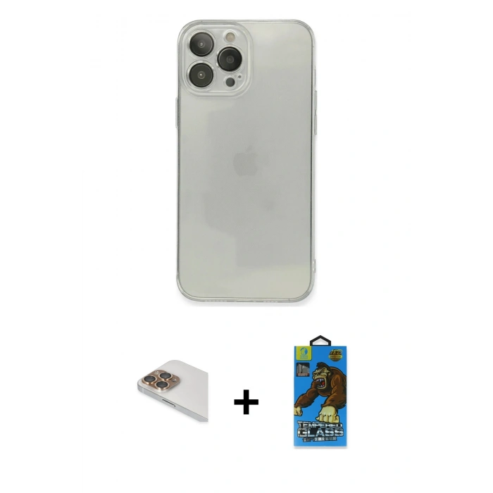 MARSİLYAN™- iPhone 13 Pro Max Kılıf Ahenk Doku - Siyah 18D Cam Ekran Koruyucu + Pers Alüminyum Kamera Lens - GD