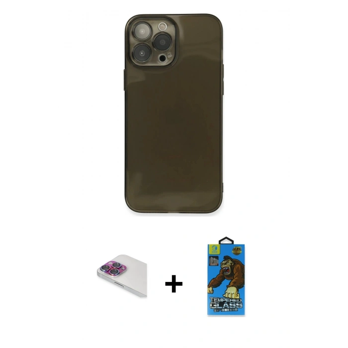MARSİLYAN™- iPhone 13 Pro Max Kılıf Ahenk Doku - Siyah 18D Cam Ekran Koruyucu + Pers Alüminyum Kamera Lens - GI