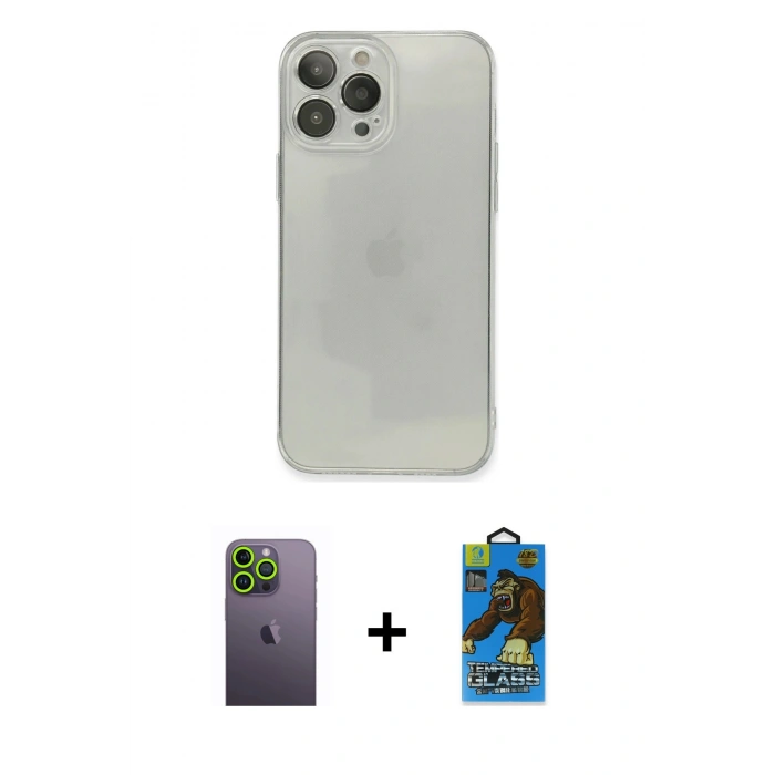 MARSİLYAN™- iPhone 13 Pro Max Kılıf Ahenk Doku - Siyah 18D Cam Ekran Koruyucu + Neon Fosforlu Kamera Lens - YL