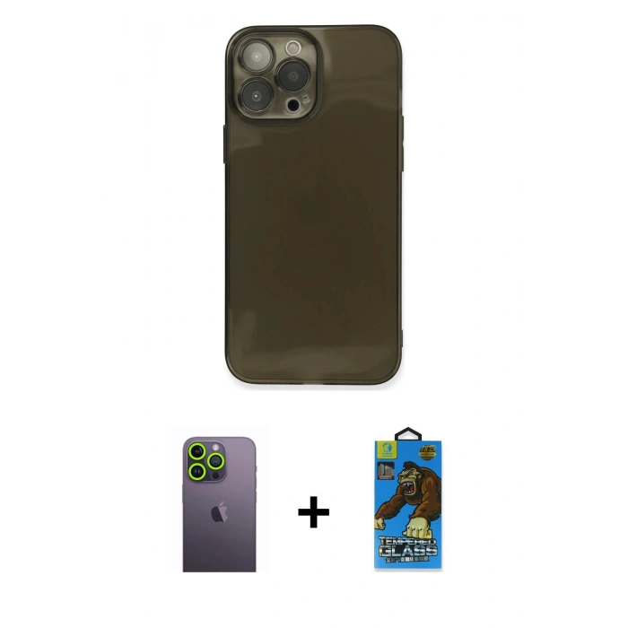 MARSİLYAN™- iPhone 13 Pro Max Kılıf Ahenk Doku - Siyah 18D Cam Ekran Koruyucu + Neon Fosforlu Kamera Lens - YL