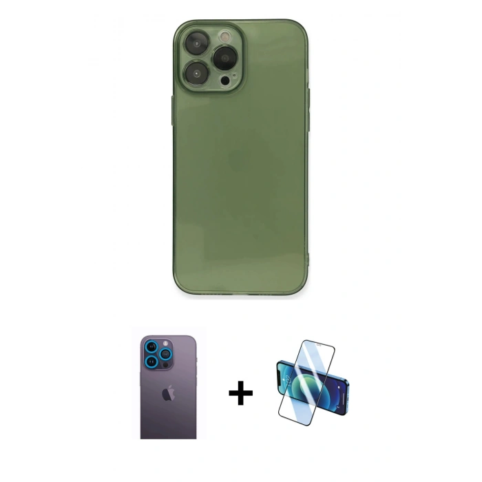 MARSİLYAN™- iPhone 13 Pro Max Kılıf Ahenk Doku - Siyah 3D Antistatik Cam Ekran Koruyucu + Neon Fosforlu Kamera Lens - MI