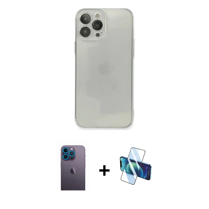 MARSİLYAN™- iPhone 13 Pro Max Kılıf Ahenk Doku - Siyah 3D Antistatik Cam Ekran Koruyucu + Neon Fosforlu Kamera Lens - MI