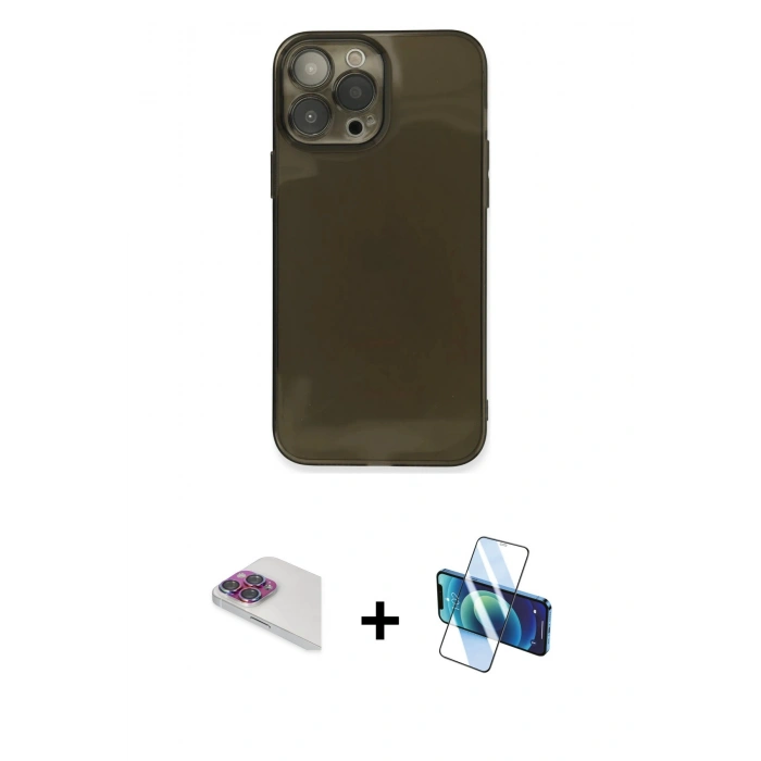 MARSİLYAN™- iPhone 13 Pro Max Kılıf Ahenk Doku - Siyah 3D Antistatik Cam Ekran Koruyucu + Pers Alüminyum Kamera Lens - GI
