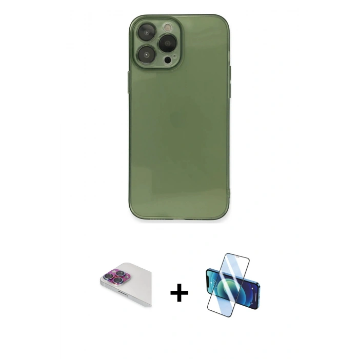 MARSİLYAN™- iPhone 13 Pro Max Kılıf Ahenk Doku - Siyah 3D Antistatik Cam Ekran Koruyucu + Pers Alüminyum Kamera Lens - GI