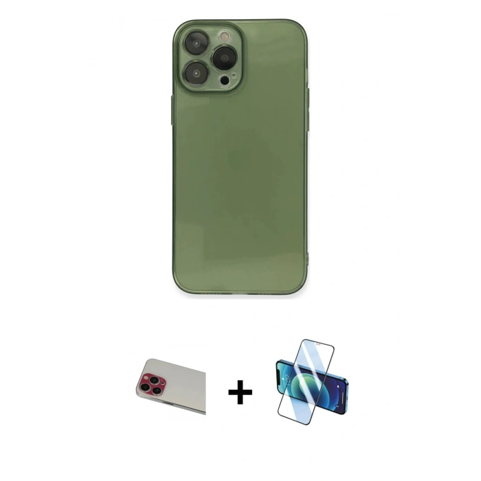 MARSİLYAN™- iPhone 13 Pro Max Kılıf Ahenk Doku - Siyah 3D Antistatik Cam Ekran Koruyucu + Rainbow Kamera Lens Koruma Cam - KI