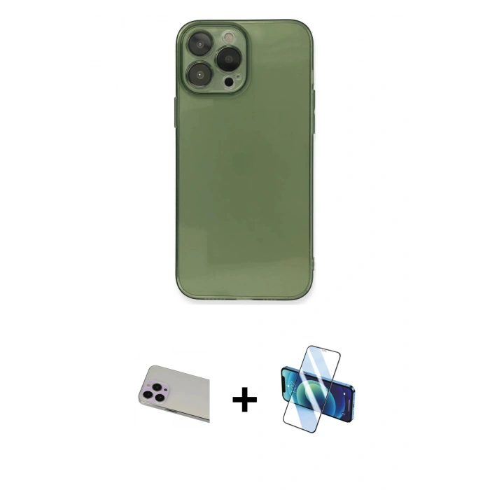 MARSİLYAN™- iPhone 13 Pro Max Kılıf Ahenk Doku - Siyah 3D Antistatik Cam Ekran Koruyucu + Rainbow Kamera Lens Koruma Cam - MR