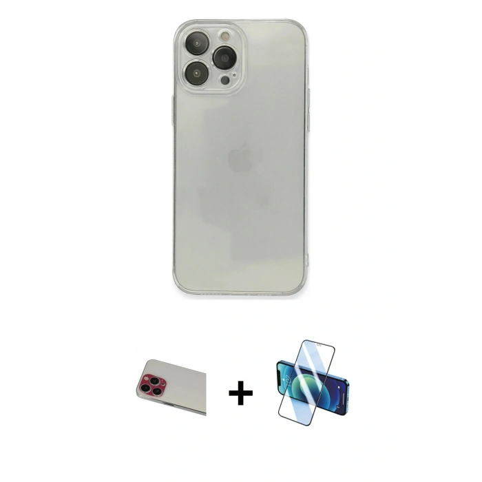 MARSİLYAN™- iPhone 13 Pro Max Kılıf Ahenk Doku - Siyah 3D Antistatik Cam Ekran Koruyucu + Rainbow Kamera Lens Koruma Cam - KI