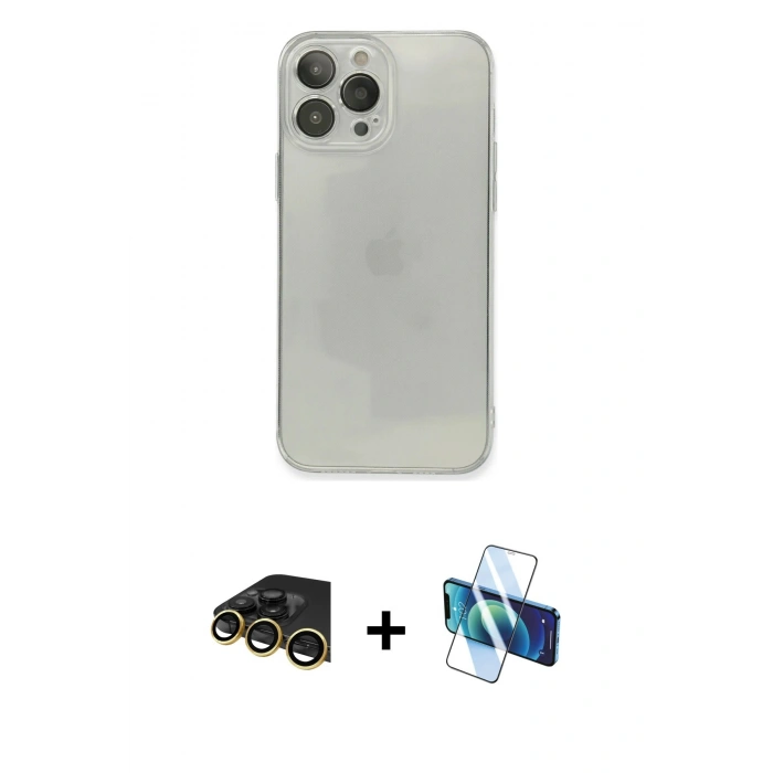 MARSİLYAN™- iPhone 13 Pro Max Kılıf Ahenk Doku - Siyah 3D Antistatik Cam Ekran Koruyucu + Raze Metal Kamera Lens - GD