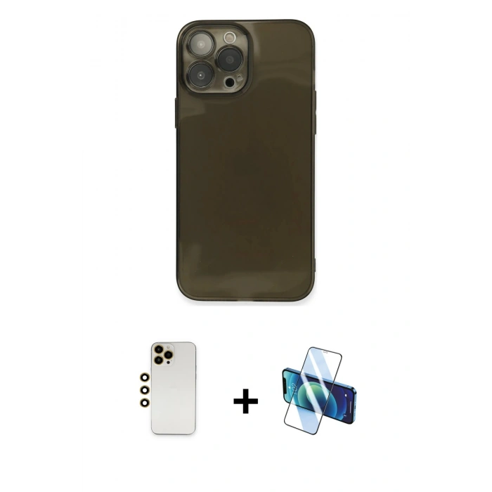 MARSİLYAN™- iPhone 13 Pro Max Kılıf Ahenk Doku - Siyah 3D Antistatik Cam Ekran Koruyucu + Shine Kamera Lens - GD