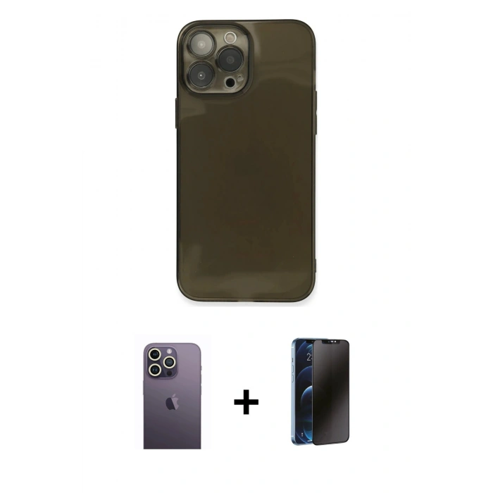 MARSİLYAN™- iPhone 13 Pro Max Kılıf Ahenk Doku - Siyah 3D Antistatik Hayalet Cam Ekran Koruyucu + Neon Fosforlu Kamera Lens - BZ